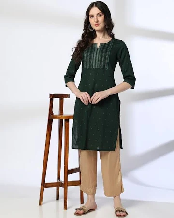 AVAASA MIX N' MATCH Women Printed Straight Kurta with Embroidered Yoke For Women (Green, XS)